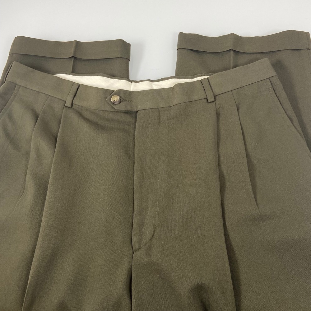 Chaps Ralph Lauren Mens 38x34(ACT 37x33) Olive Green Pleated Cuffed Trousers